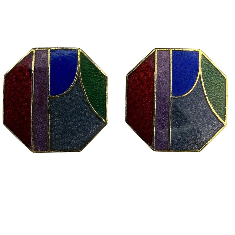 Vintage Unknown Womens Colorful Cloisonné Geometric Octagon Earrings